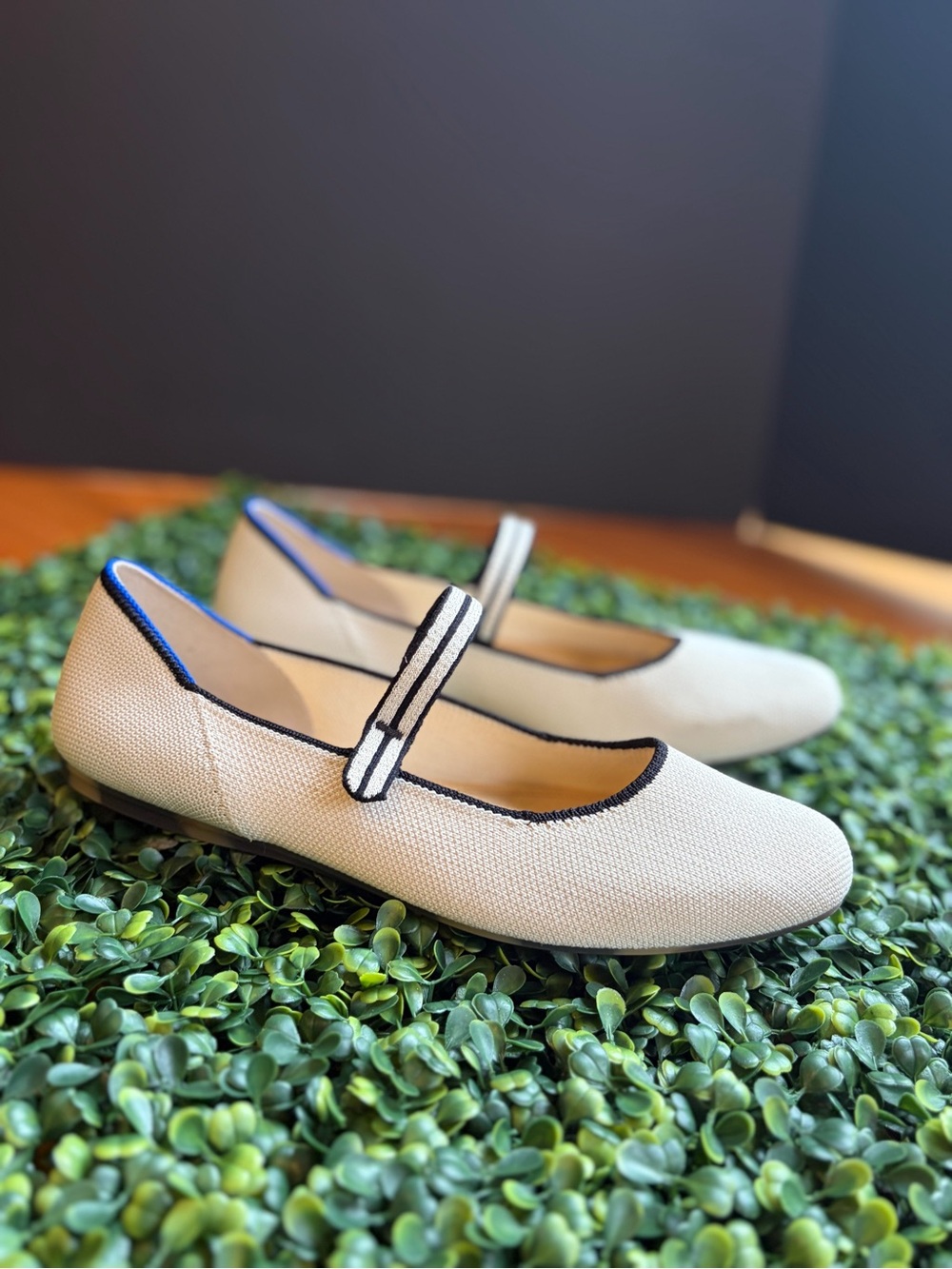 Rothy's The Mary Jane Flat Cream Knit Black Trim Striped Strap Women's Size 9